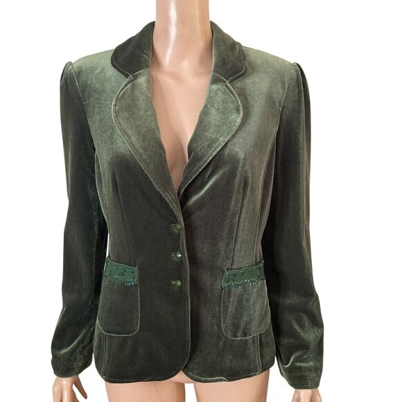 August Silk Blazer Womens 6 Velour Forest Green 3 Button - Picture 14 of 14